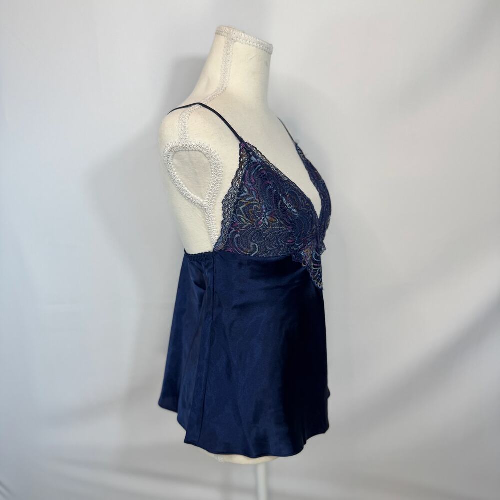 Y2K Satin Lace Babydoll Camisole Navy Lingerie Style Coquette Going Out Top Vtg - Picture 8 of 16